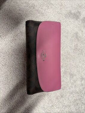 Coach Pink Leather Flap Signature Brown Canvas Continental Wallet